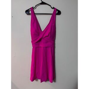 Yonique Hot Pink Crossover V-Neck Swim Dress Plus Size 20W Neon Swimsuit NWT